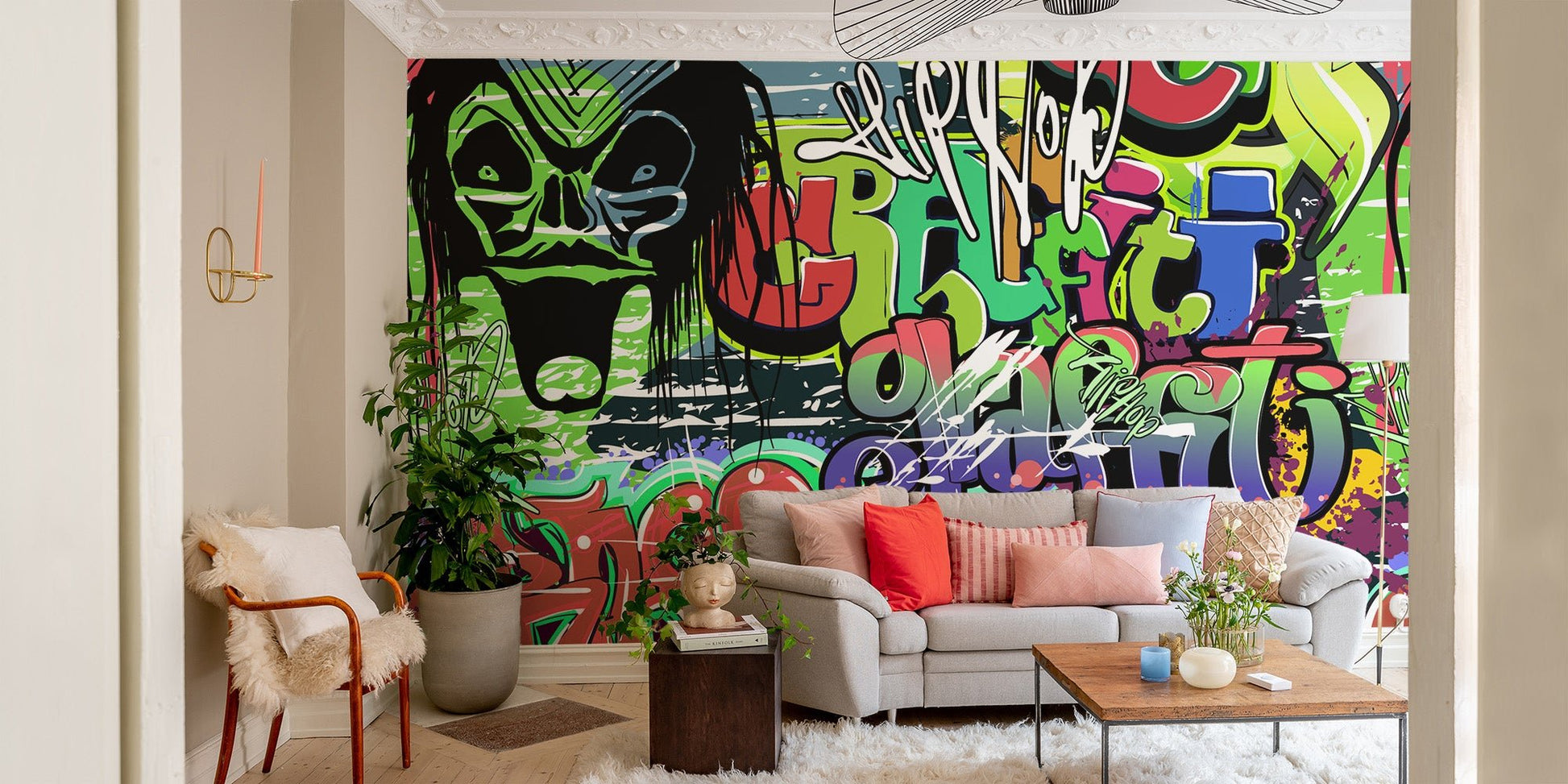 Urban graffiti art wall mural wallpaper in neon green and red color tones for living area.