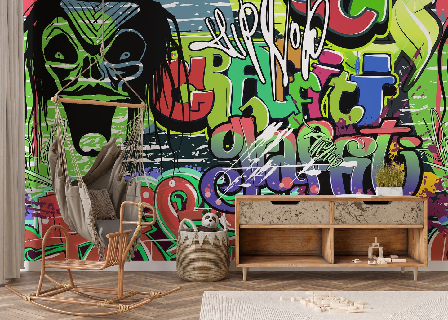 Contemporary street art wall mural with layered typography.