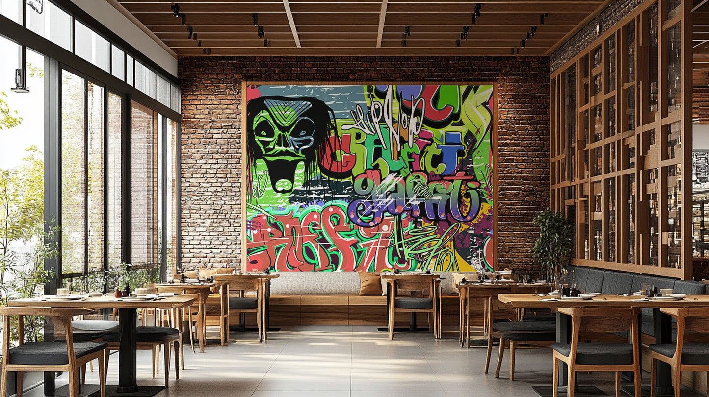 Colorful typography mural wallpaper in urban graphic design.