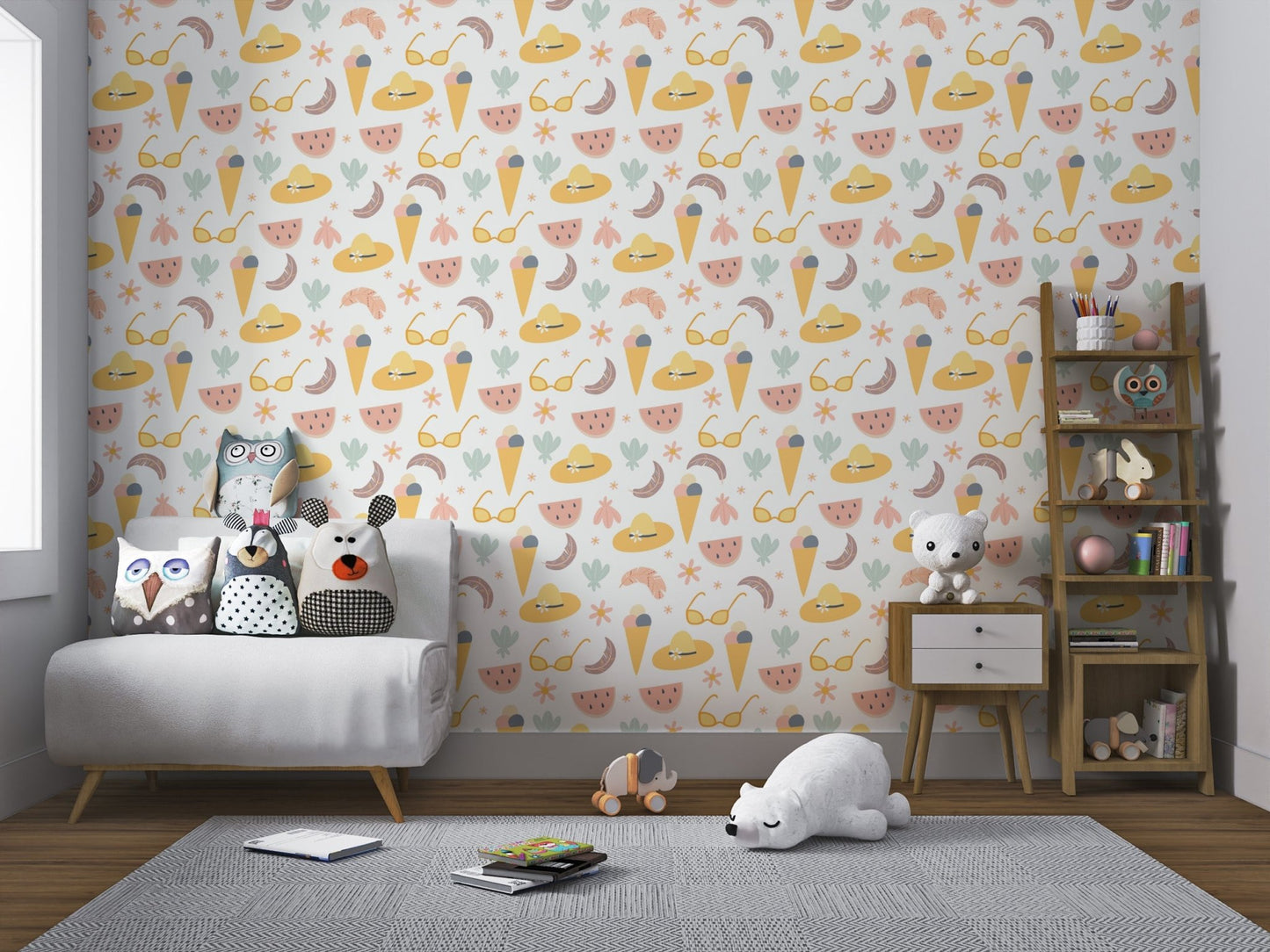 Pastel yellow and pink summer pattern wallpaper for nursery walls.