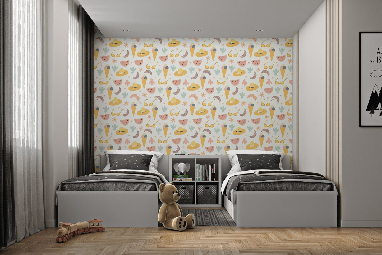 Colorful Summer Fun Wallpaper featuring pastel beach motifs.