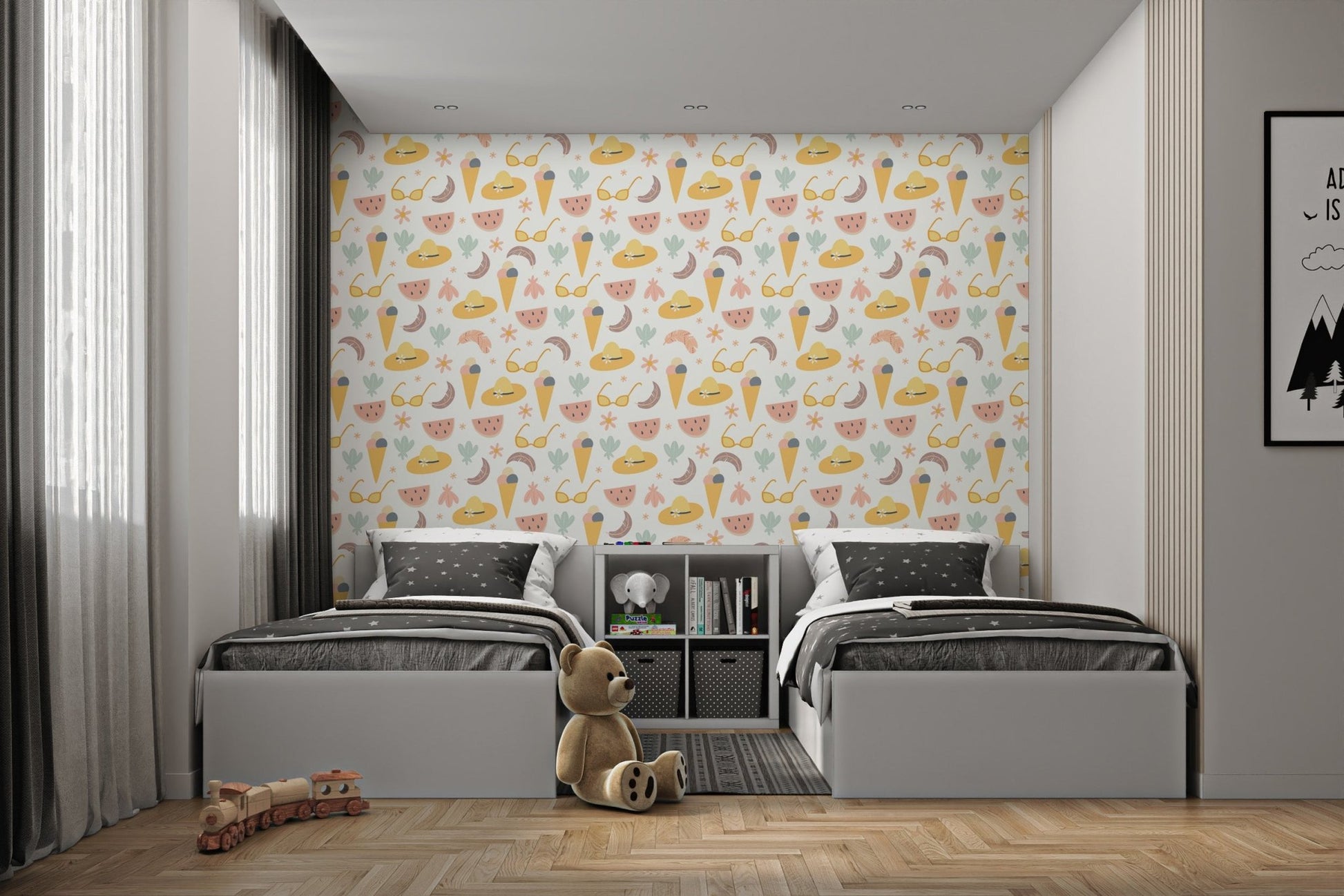 Colorful Summer Fun Wallpaper featuring pastel beach motifs.