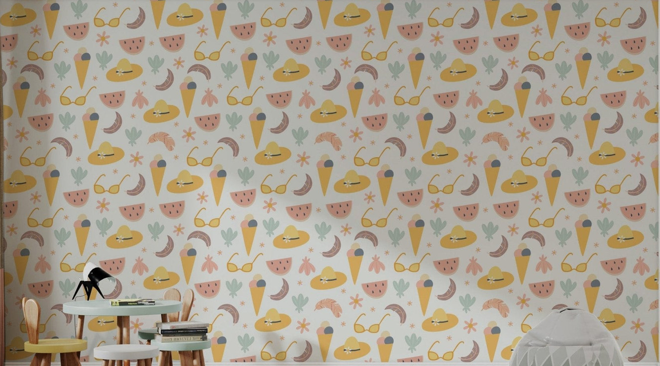 Colorful Summer Fun Wallpaper with watermelon and ice cream for play area