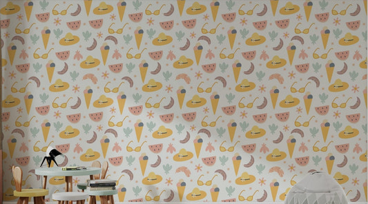 Colorful Summer Fun Wallpaper with watermelon and ice cream for play area