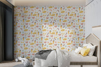 Playful sun hat and sunglasses wallpaper for bright bedroom styling.