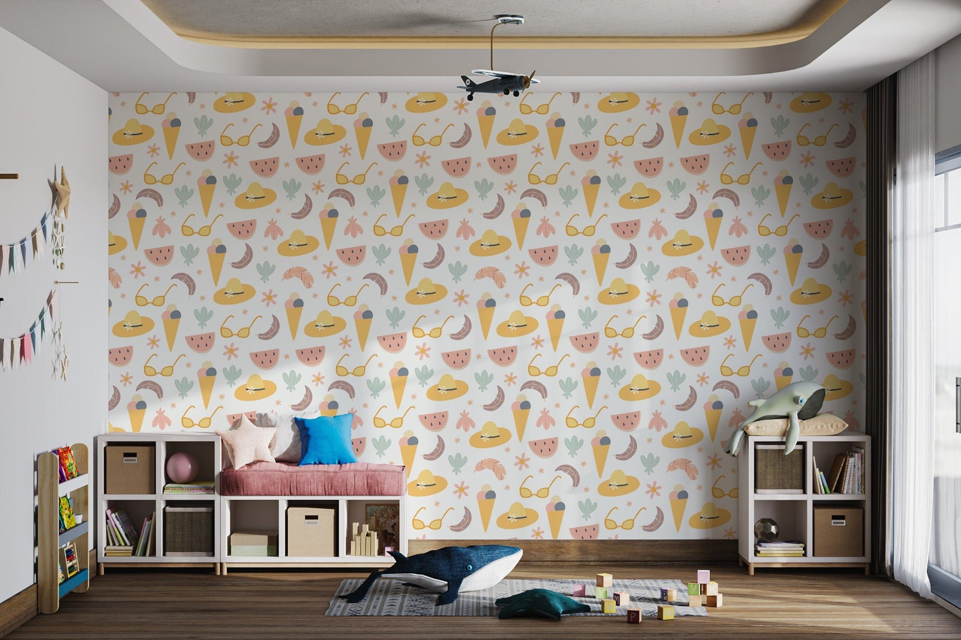 Colorful Summer Fun Wallpaper showing sunglasses and hats.
