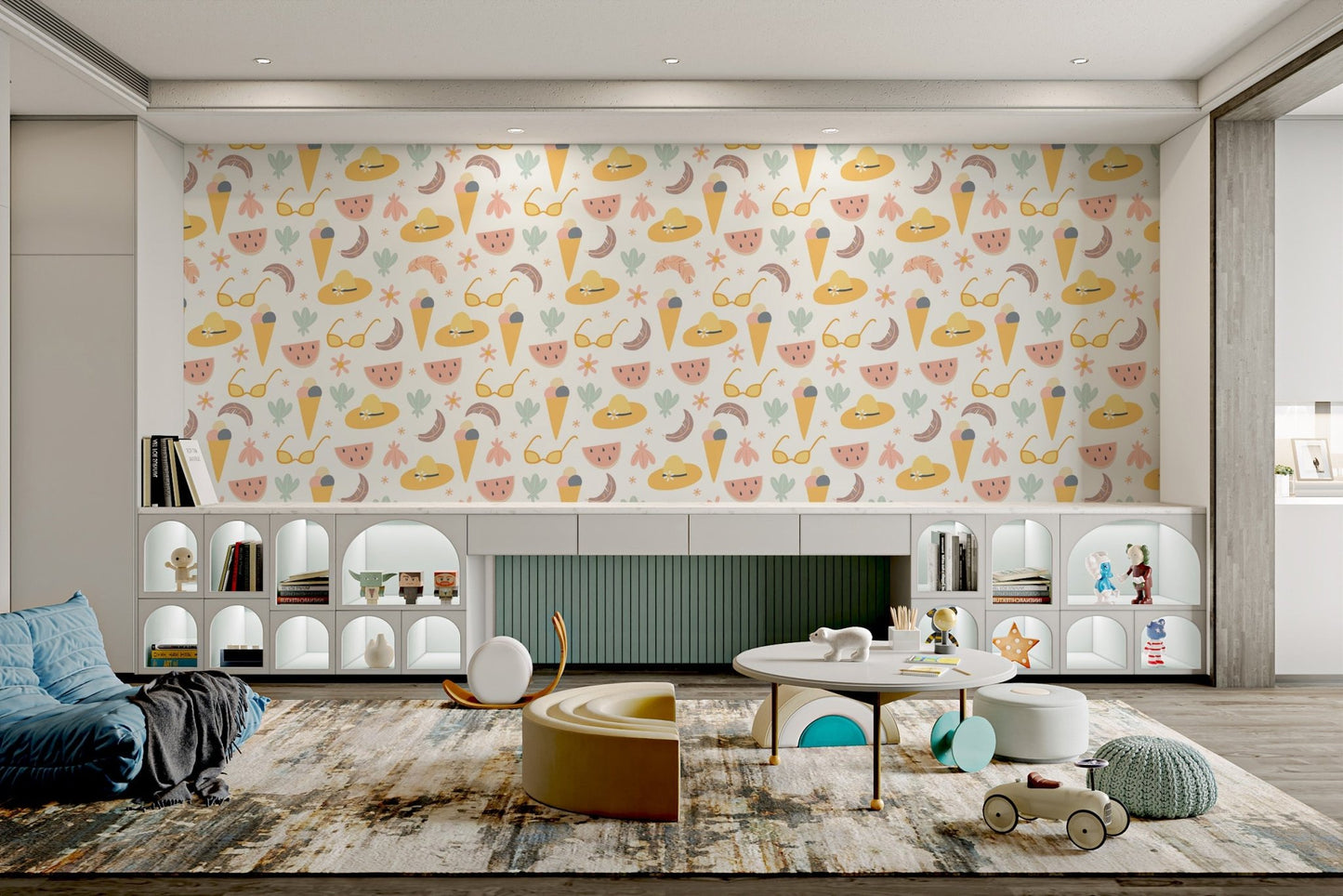 White background wallpaper with quirky summer fruits for playroom walls.