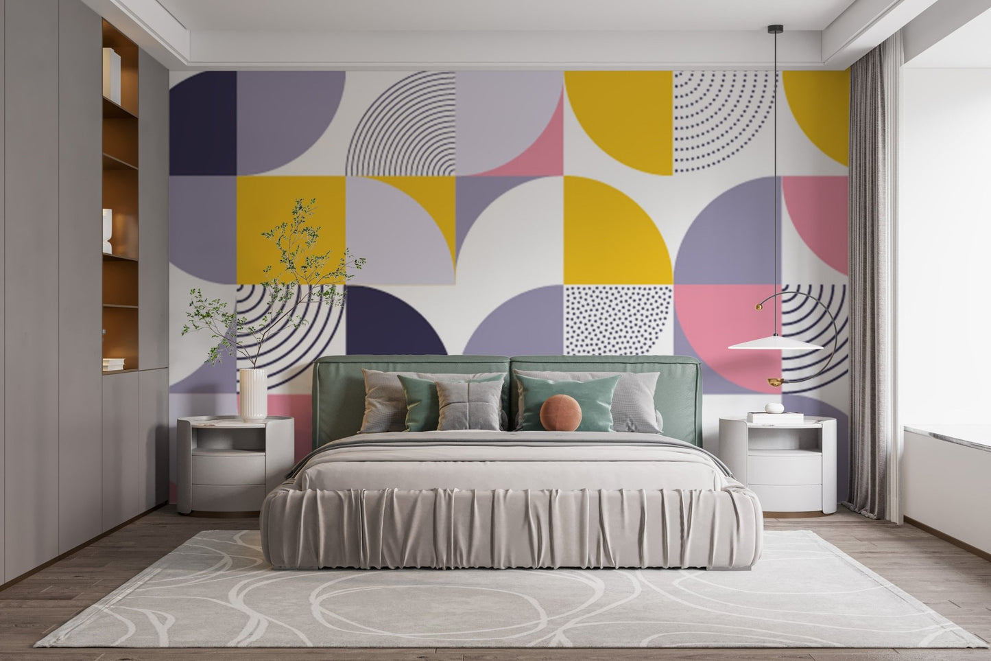 Abstract geometric wallpaper with mustard and lilac shapes in a master bedroom setting.