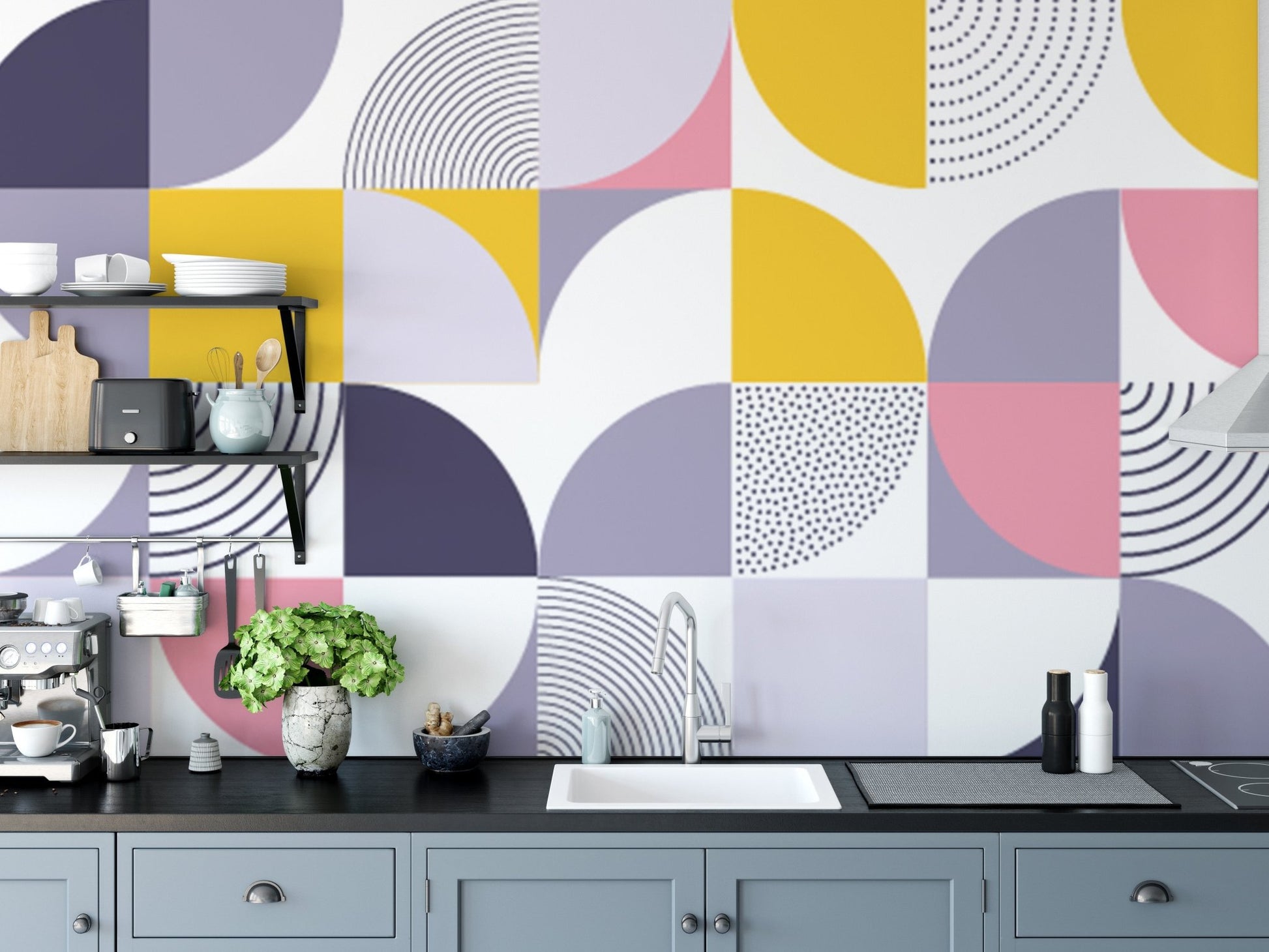 Kitchen backsplash area featuring colorful Swiss geometric shapes wallpaper.