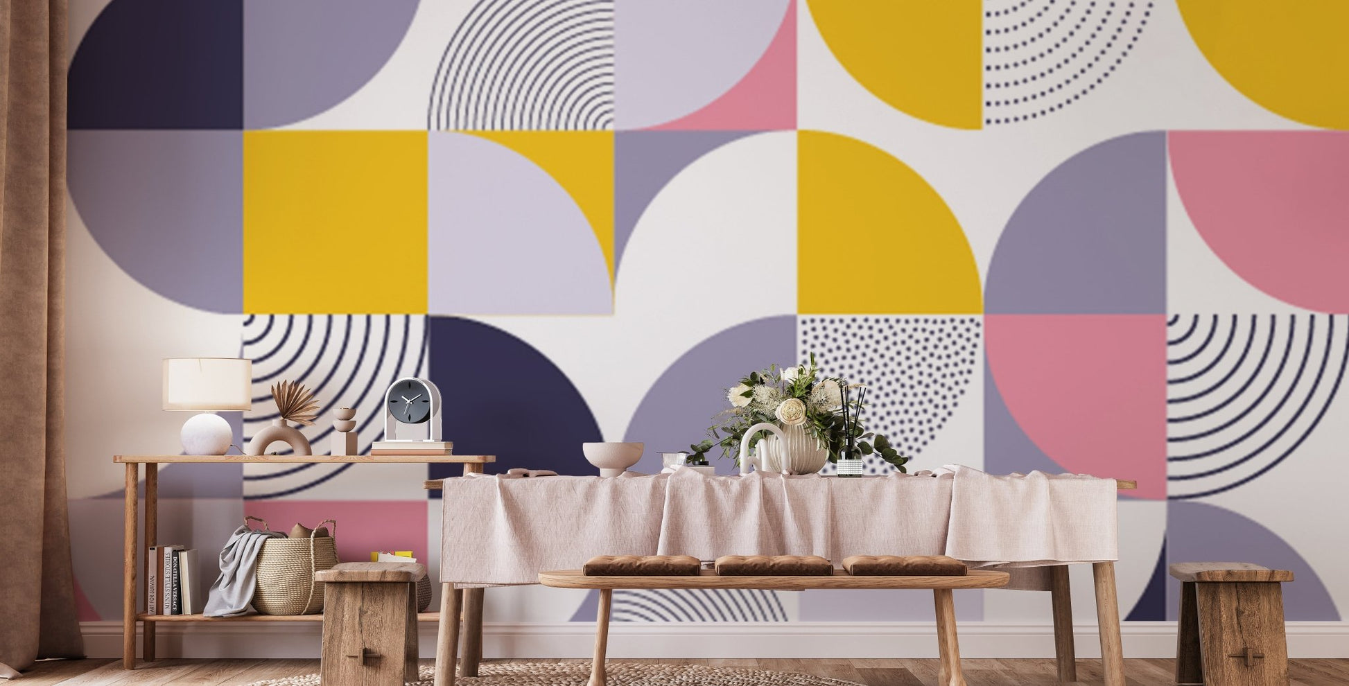 Dining space with abstract geometric wallpaper and wooden desk setup.