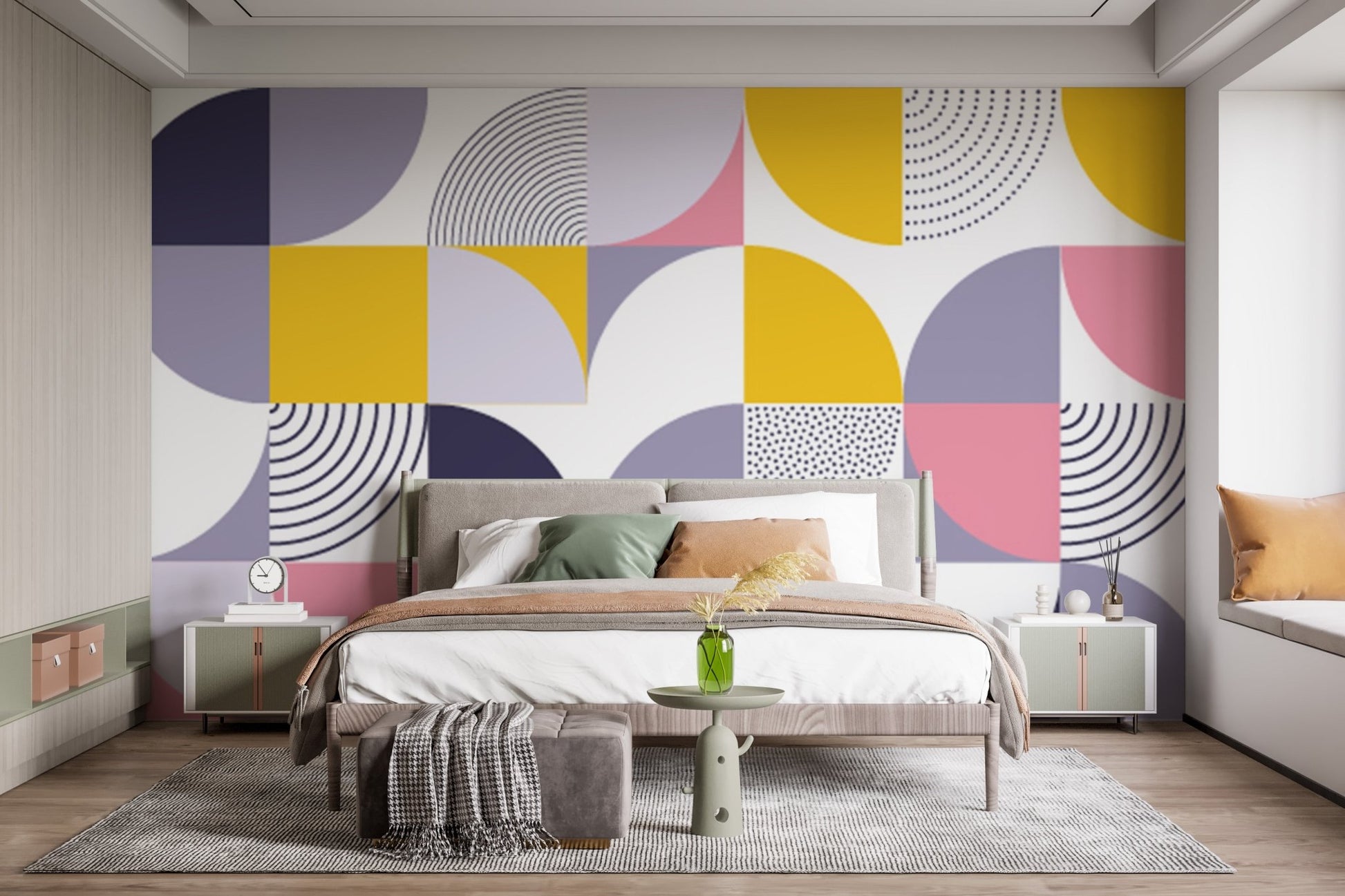 Modern bedroom with geometric pattern wallpaper in yellow, pink, and grey tones.