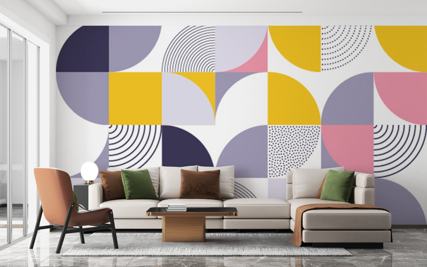 Contemporary sitting room wallpaper featuring bold shapes and lilac accents.
