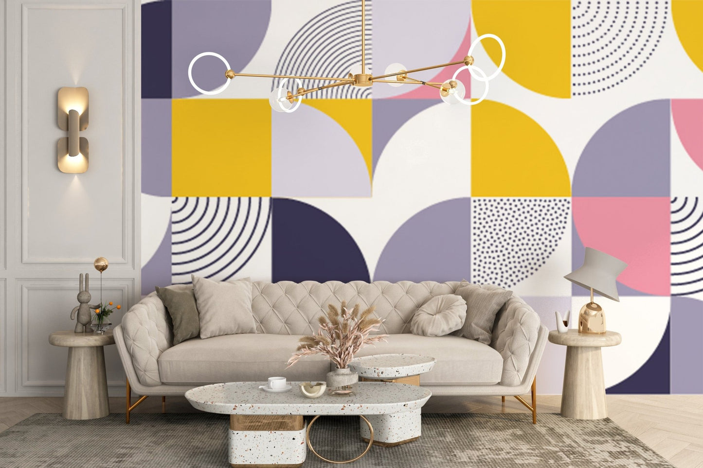 Minimalist living area featuring Swiss geometric wallpaper and neutral furniture.