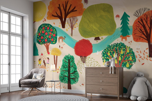 Artistic forest wall mural featuring vibrant autumn trees and a blue river.