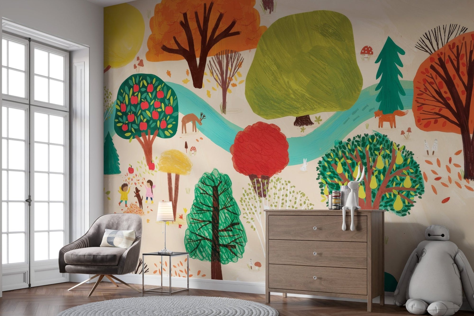Artistic forest wall mural featuring vibrant autumn trees and a blue river.
