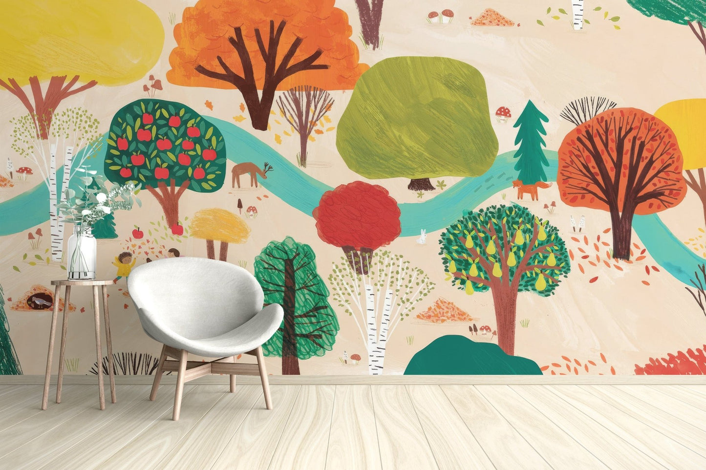 Minimalist woodland wallpaper with birch trees and falling fall leaves.
