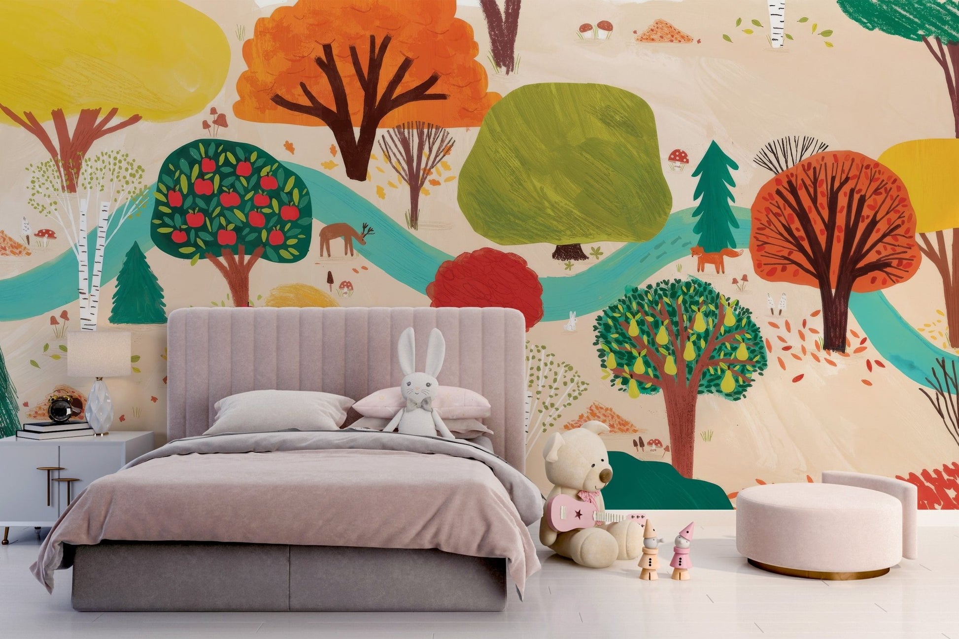 Whimsical forest wallpaper with illustrated animals and colorful foliage.
