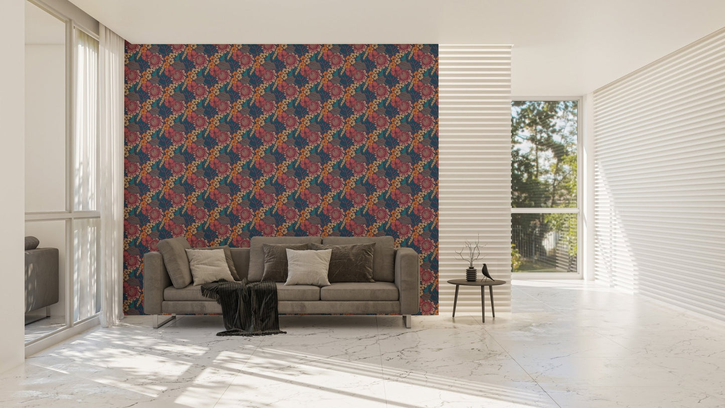 Colorful Tropical Flower Peel and Stick Wallpaper on a feature wall in a living area.