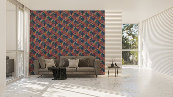 Colorful Tropical Flower Peel and Stick Wallpaper on a feature wall in a living area.