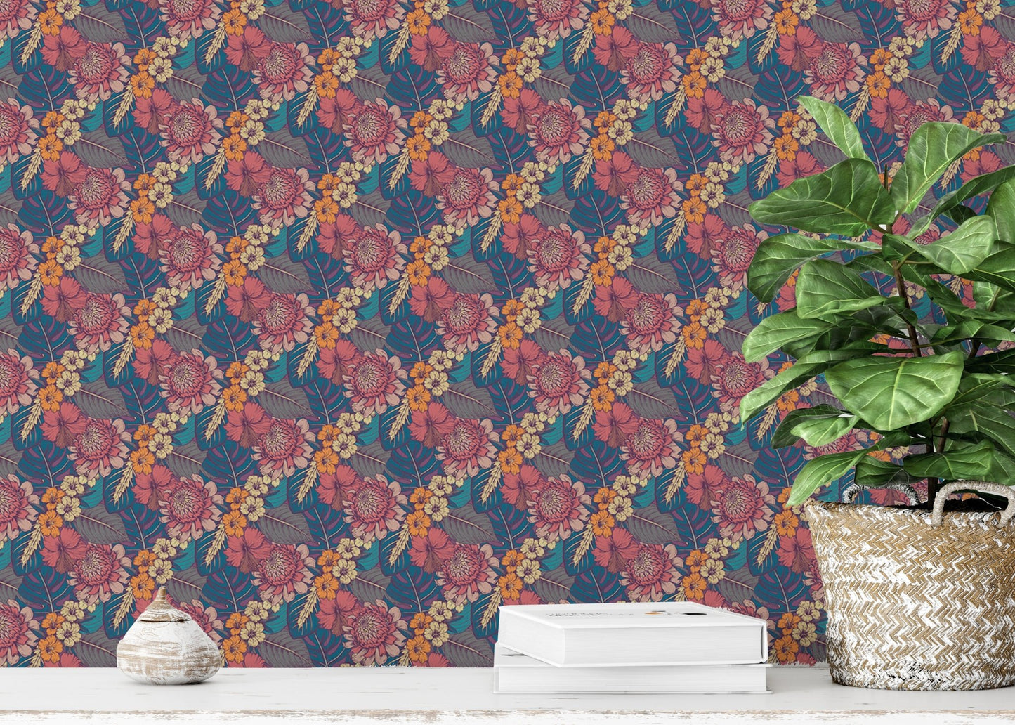 Vibrant flower wallpaper with green potted plants on a white shelf.