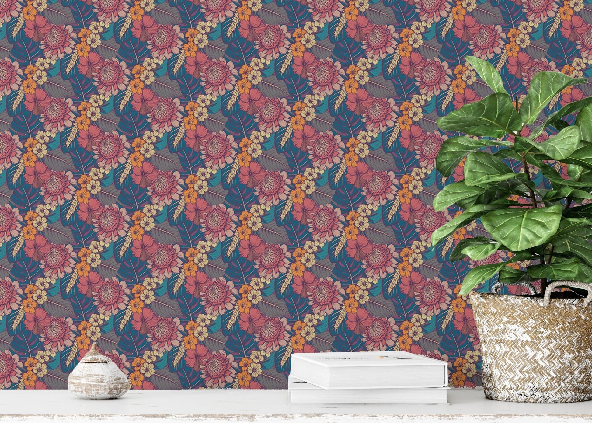 Vibrant flower wallpaper with green potted plants on a white shelf.
