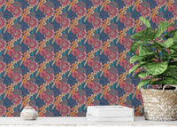 Vibrant flower wallpaper with green potted plants on a white shelf.