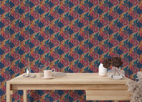Peel and stick floral wallpaper behind a wooden desk in a home office.