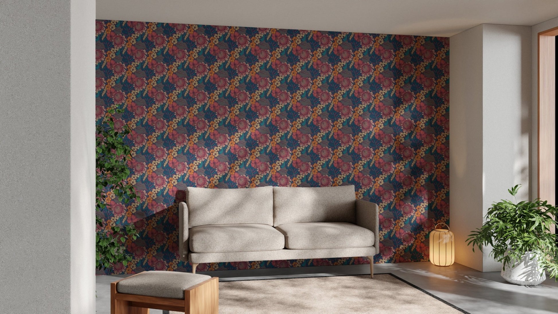 Colorful Tropical Flower Peel and Stick Wallpaper in a living area with a grey sofa.