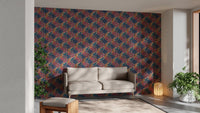 Colorful Tropical Flower Peel and Stick Wallpaper in a living area with a grey sofa.
