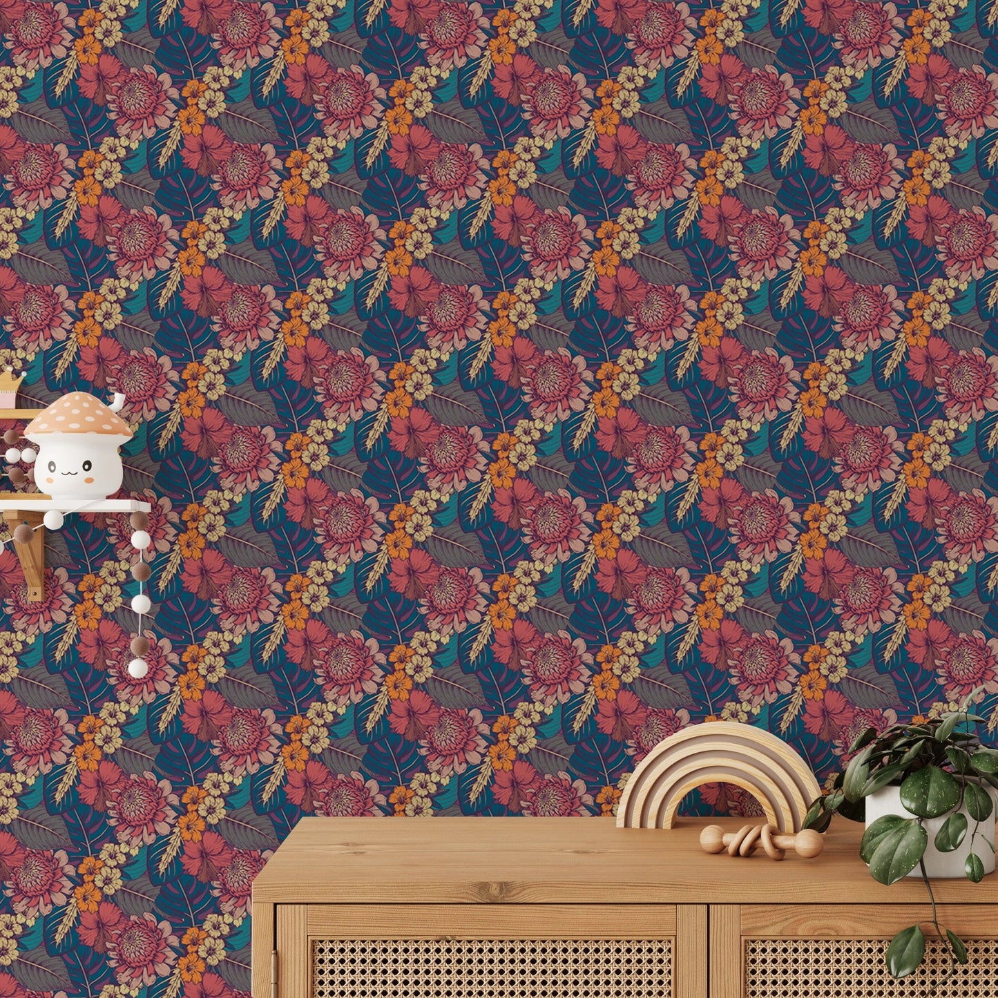 Colorful Tropical Flower Peel and Stick Wallpaper behind a light wood sideboard.