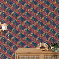 Colorful Tropical Flower Peel and Stick Wallpaper behind a light wood sideboard.