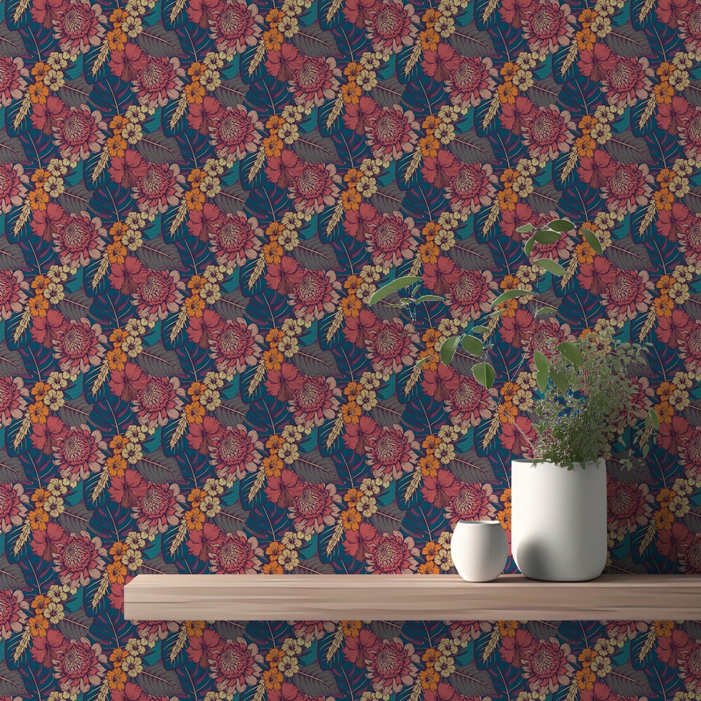 Dark blue wallpaper with orange and pink flowers behind a floating wooden shelf.