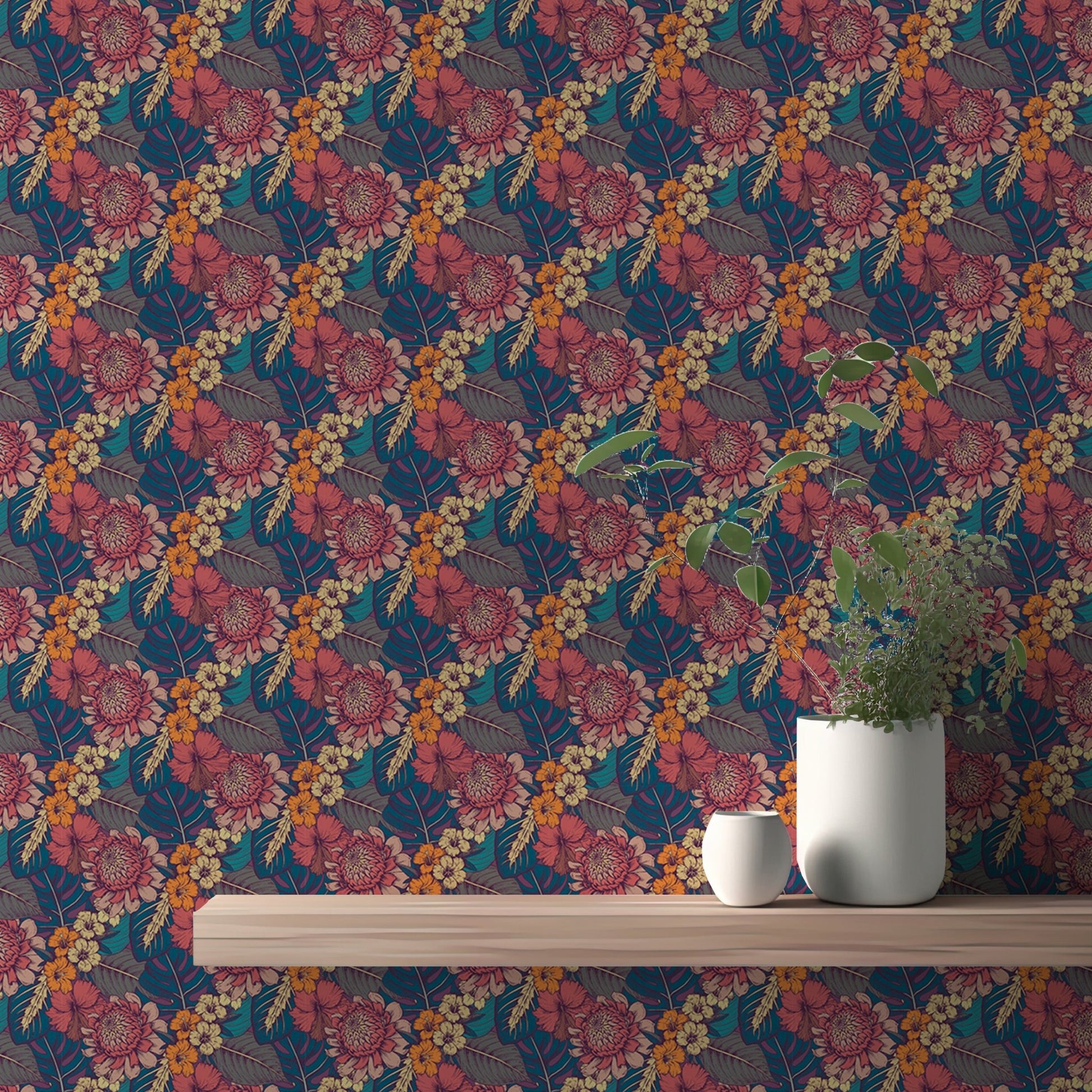 Dark blue wallpaper with orange and pink flowers behind a floating wooden shelf.
