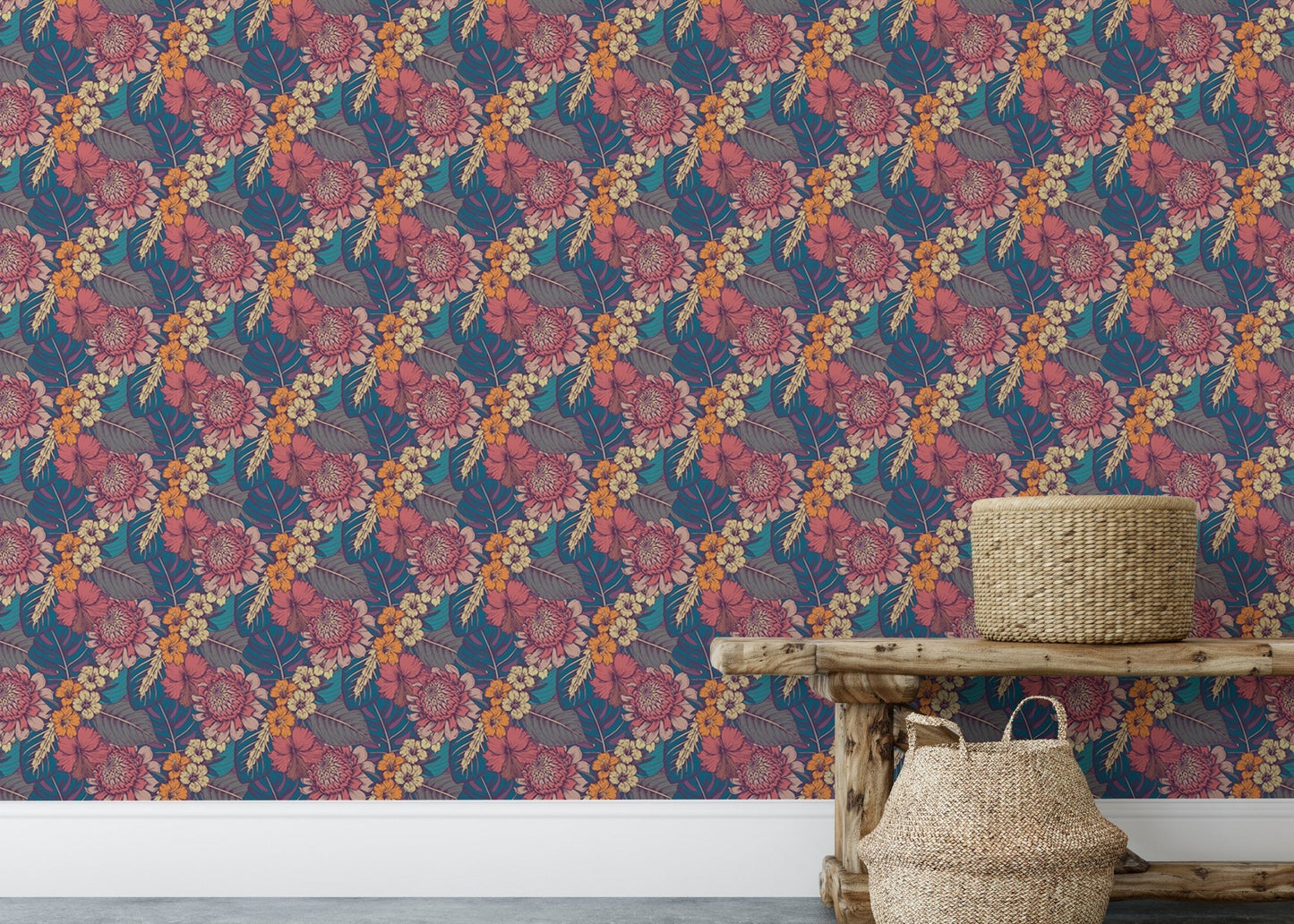 Colorful Tropical Flower Peel and Stick Wallpaper behind wooden bench and bag.