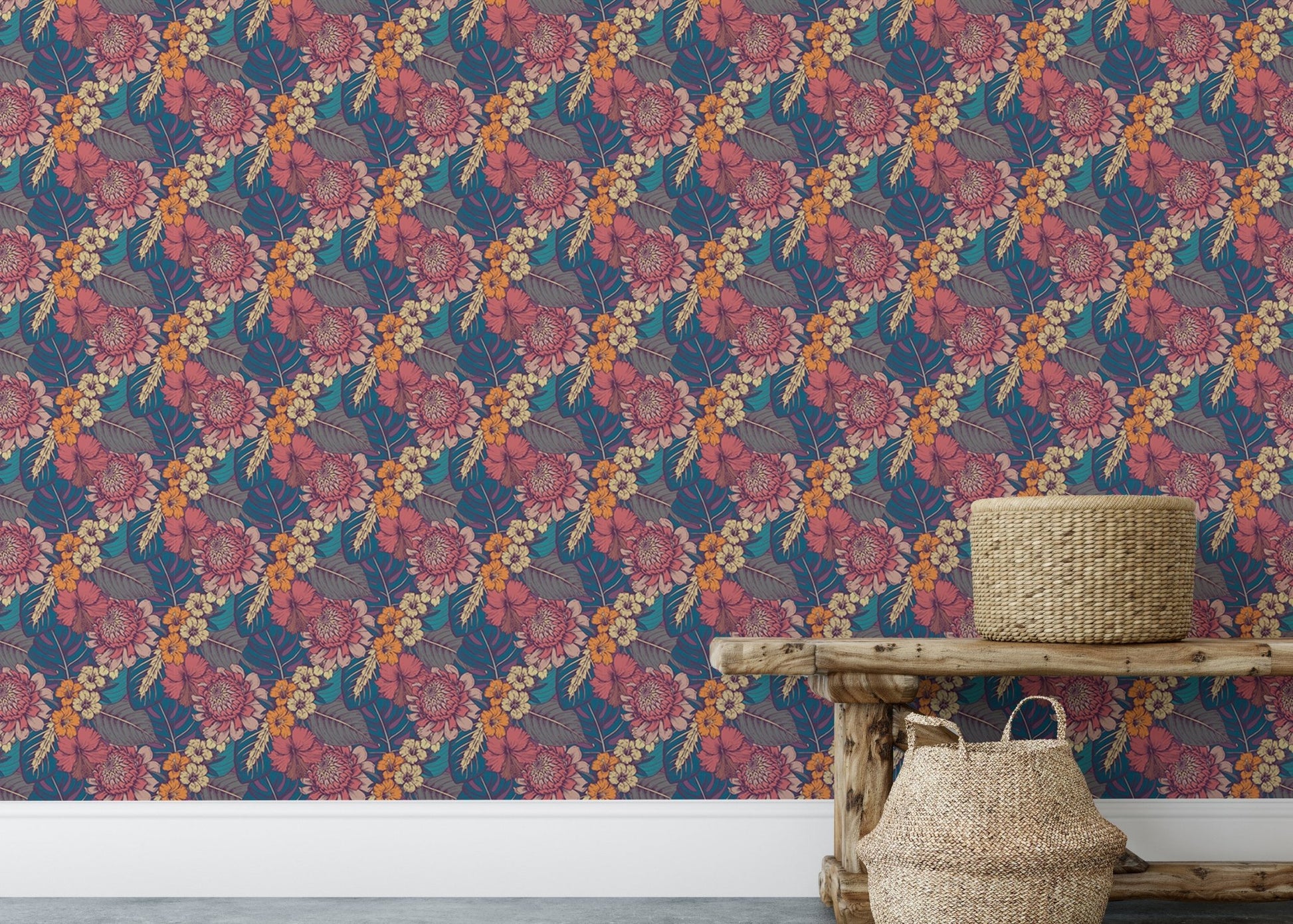 Colorful Tropical Flower Peel and Stick Wallpaper behind wooden bench and bag.