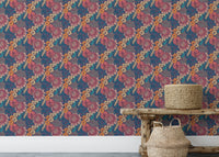Colorful Tropical Flower Peel and Stick Wallpaper behind wooden bench and bag.