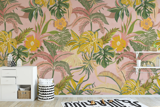 Vibrant hand-painted jungle foliage tropical wallpaper.