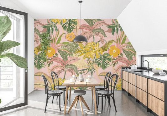 Colorful tropical leaves wallpaper with monstera and palm fronds.