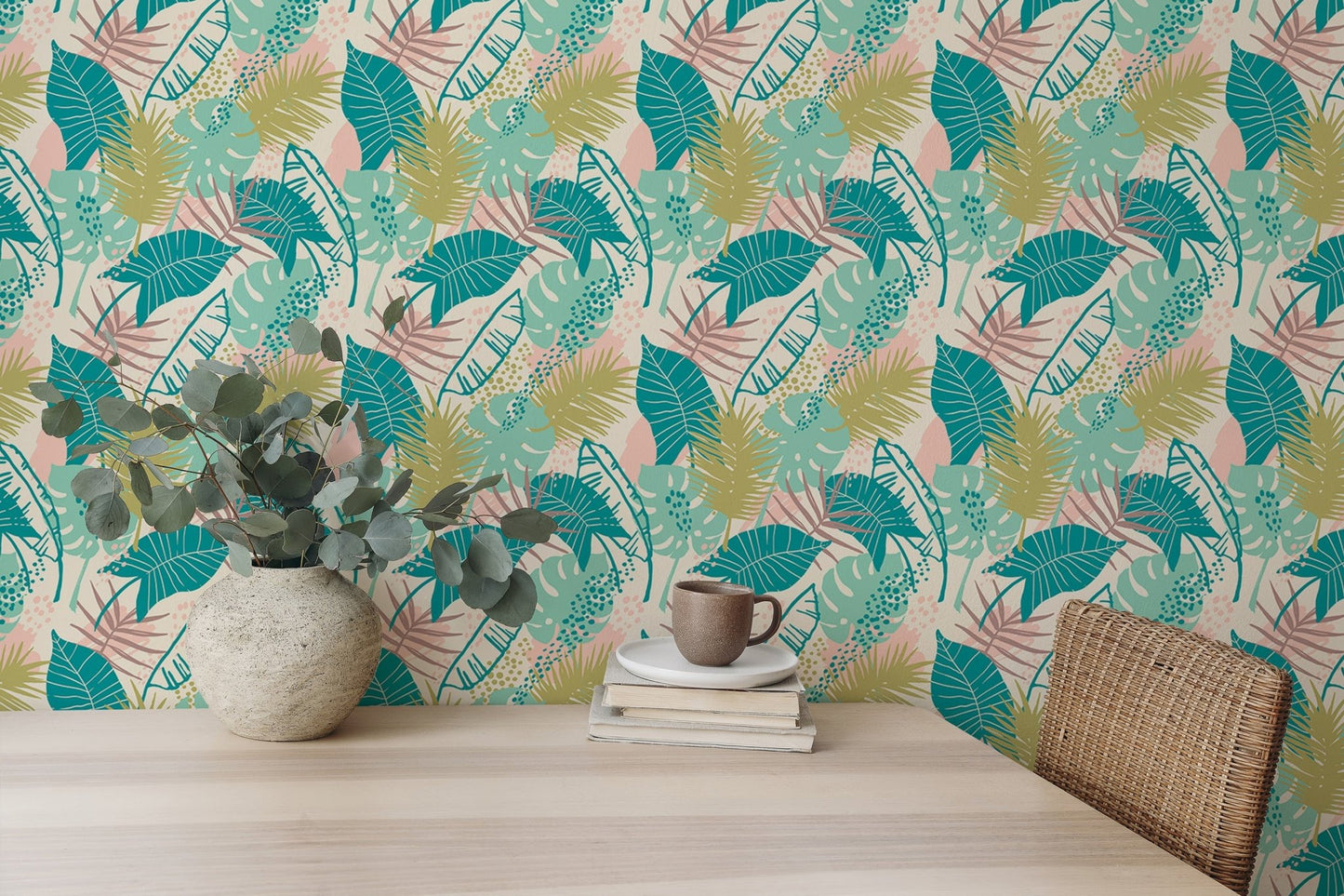 Colorful plants pattern wallpaper for a study room.