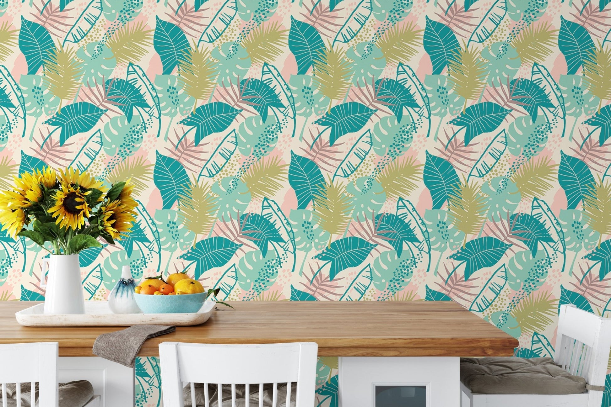 Modern dining space with Colorful Plants Repeat Pattern wallpaper mural.