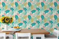 Modern dining space with Colorful Plants Repeat Pattern wallpaper mural.
