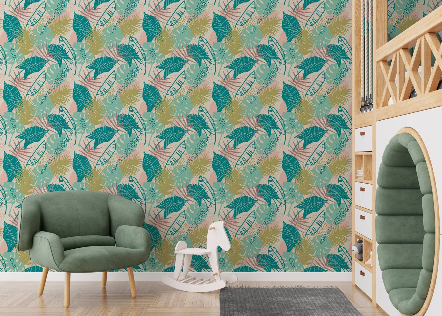 Tropical Plants Repeat Pattern wallpaper in a stylish nursery.