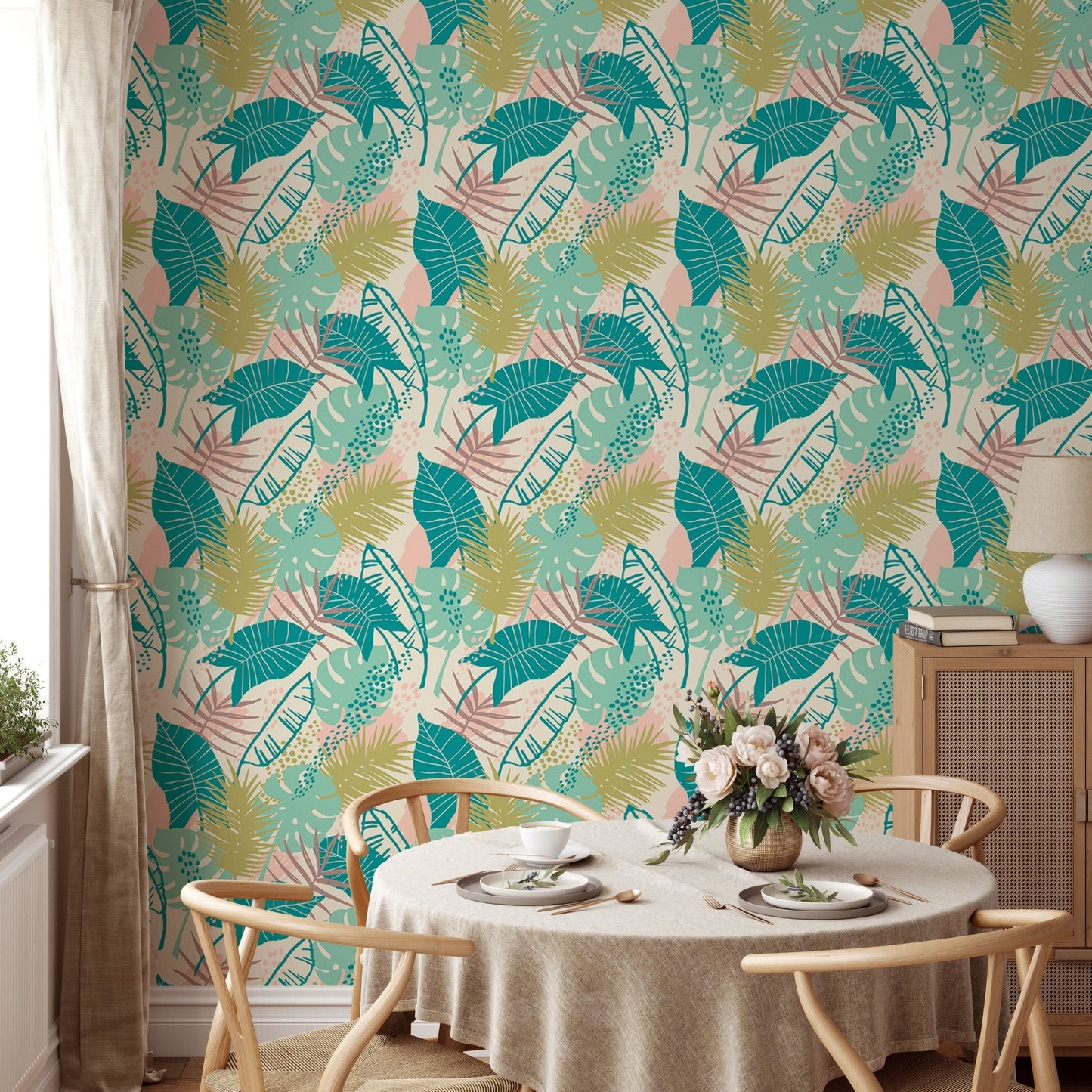 Bright accent dining wall with Colorful Tropical Plants Repeat Pattern wallpaper.