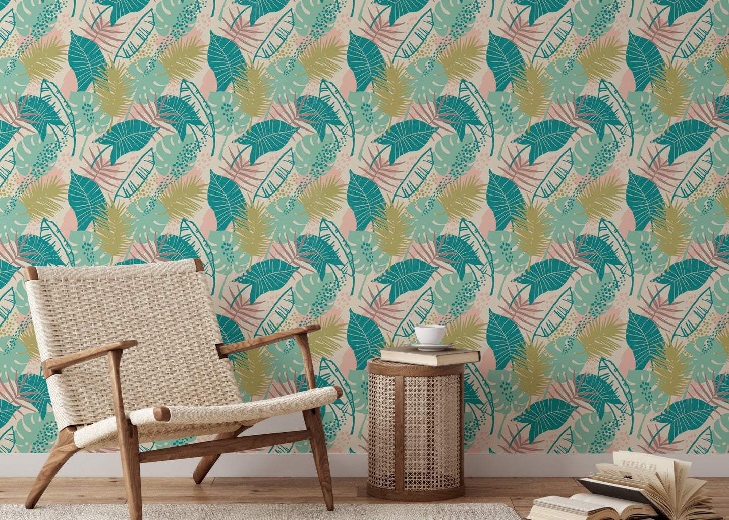 Playful sitting interior with Tropical Plants Repeat Pattern wallpaper.