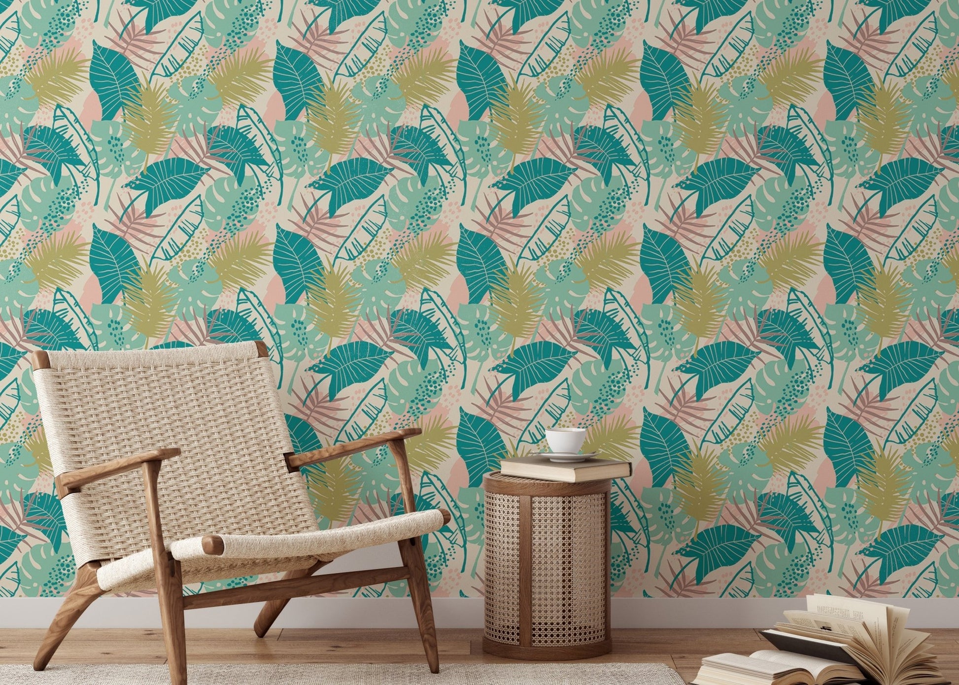 Playful sitting interior with Tropical Plants Repeat Pattern wallpaper.