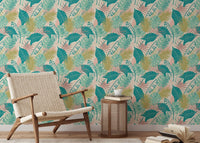 Playful sitting interior with Tropical Plants Repeat Pattern wallpaper.