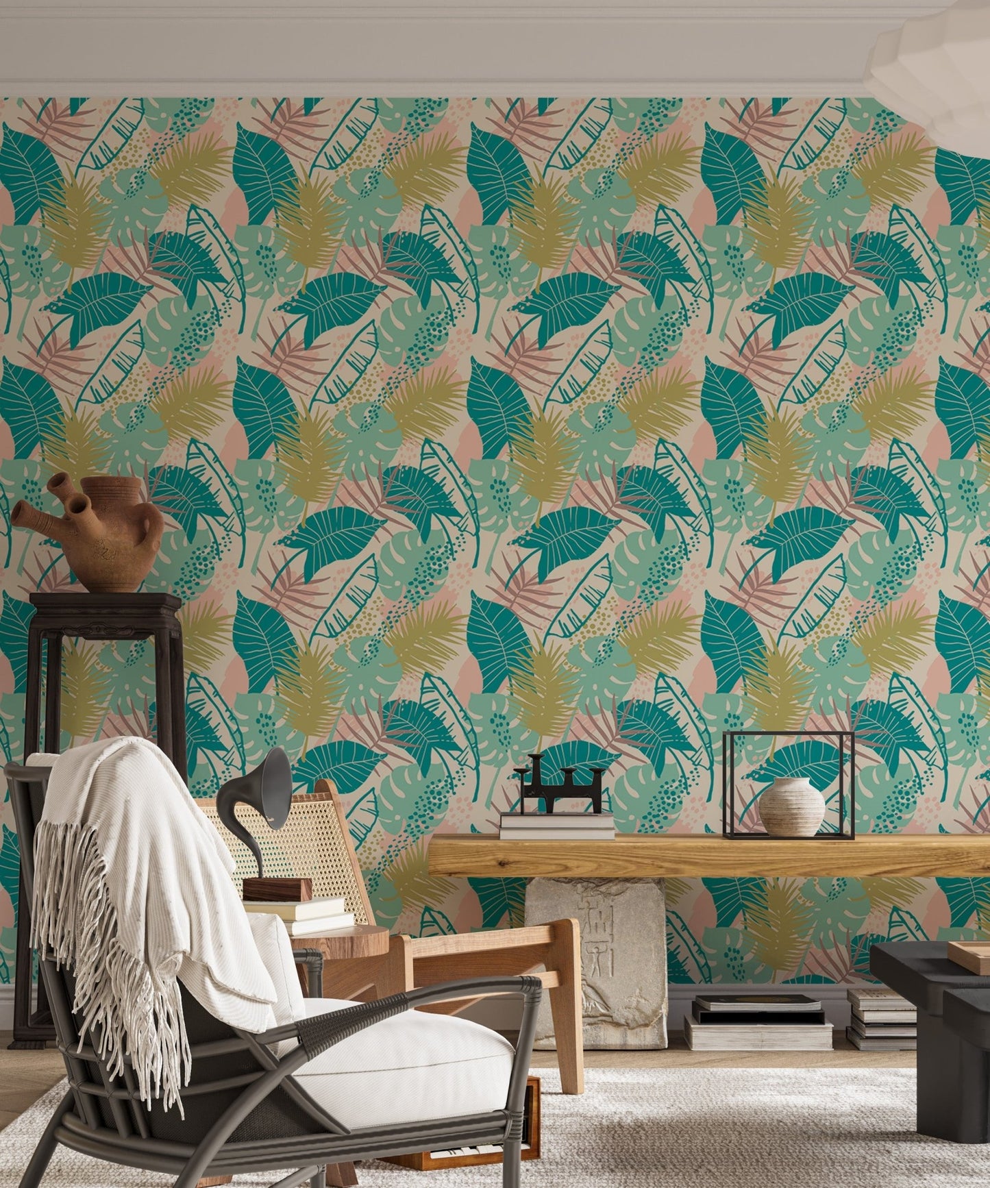 Creative living space using Colorful Tropical Plants Pattern wallpaper mural.