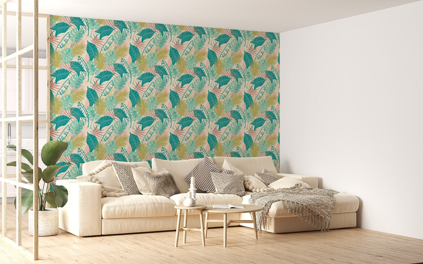 Colorful Tropical Plants Repeat Pattern wallpaper in a bright living room.