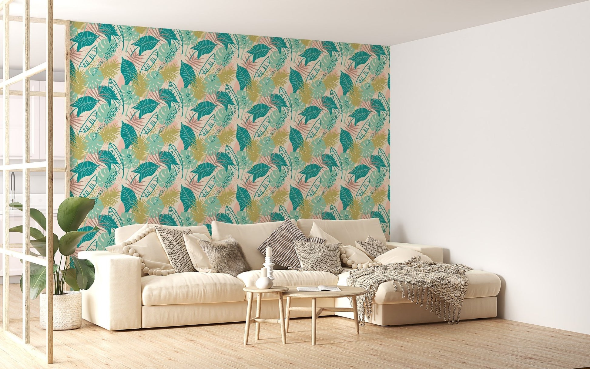 Colorful Tropical Plants Repeat Pattern wallpaper in a bright living room.