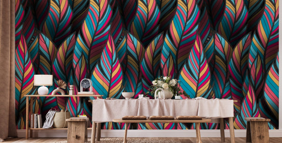 Dining room wallpaper with teal and magenta tropical plumage patterns.